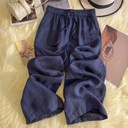 婳如嫣藏藍色亞麻闊腿褲女夏季薄款2025新款窄版九分直筒褲休閑棉麻褲子 藏藍色九分褲 L （建議105-115斤）