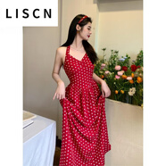 LISCN港風(fēng)復古紅色波點(diǎn)掛脖V領(lǐng)連衣裙女收腰顯瘦裙子2025夏季女裝新款 紅色波點(diǎn)單件吊帶裙 S 建議80斤-95斤