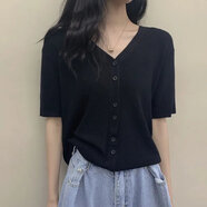 苜戈v領(lǐng)上衣女夏季2025新款復(fù)古溫柔薄款外穿短袖黑色短款bm針織開衫 【短袖】黑色 S 建議75-95斤