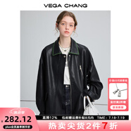 VEGA CHANG黑色皮衣女2025春秋寬松顯瘦機(jī)車(chē)風(fēng)pu皮短外套 松綠黑 S
