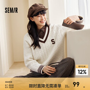 森馬毛衣女撞色V領(lǐng)寬松落肩文藝冬季潮流字母絞花上衣復(fù)古學(xué)院風(fēng) 白色調(diào)00311 L 165/88A