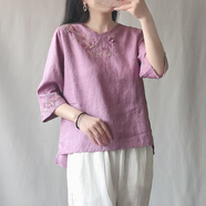 晉影2025夏新款新中式棉麻T恤花朵刺繡禪意茶服上衣女文藝復古小衫LDY 盤扣繡花 紫色 2XL 建議125-135斤