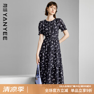 顏域短袖氣質(zhì)連衣裙2024新款女夏季法式復(fù)古黑色印花收腰圓領(lǐng)裙子 黑花 M/38