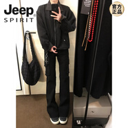 JEEP SPIRIT美式復(fù)古迷彩微喇工裝褲男款夏季vibe高街褲子cleanfit修身牛仔褲 黑色 S (適合)90-100斤