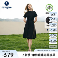 Navigare意大利小帆船短袖連衣裙女士夏季棉質(zhì)斜領(lǐng)裙子時(shí)尚顯瘦半袖a字裙 暗夜黑 XL 碼
