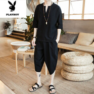 花花公子（PLAYBOY）中國風(fēng)亞麻短袖t恤套裝男款夏季新中式刺繡男裝大碼男士棉麻唐裝 W18 黑色 L 適合 105-115斤