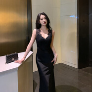 Zonsmo國際高級感輕奢女裝白色特別漂亮掐腰裙法式氣質(zhì)v領(lǐng)蕾絲緞面連衣 黑色 L