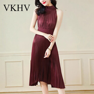 VKHV品牌氣質(zhì)吊帶連衣裙女夏季2025新款掛脖領(lǐng)設計感修身中長(cháng)款連衣裙 紅色 M 【建議體重105-115斤】