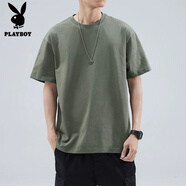 花花公子（PLAYBOY）260g重磅三本針日系短袖t恤男款純棉圓領(lǐng)寬松純色白色打底衫夏季 灰綠 3XL