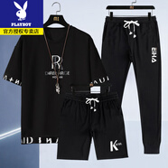 花花公子夏季短袖T恤薄款休閑套裝男士潮流帥氣寬松百搭青少年短褲兩件套 黑色新RR（三件套） M 建議90-100斤