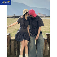 籬人歸韓系情侶裝夏短袖波點(diǎn)襯衫學(xué)院風(fēng)a字短裙收腰顯瘦連衣裙一裙一衣 女灰色波點(diǎn)連衣裙+皮帶 S