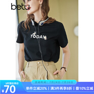 betu百圖女裝春裝新款寬松韓版卡通印花短袖T恤ins潮JD2102T08 黑色 L