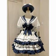 洛麗塔可愛(ài)夏日海軍風(fēng)紺色水藍色青春元氣少女JK蛋糕裙洋裝連衣裙 連衣裙送蝴蝶結 M