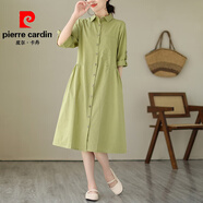 皮爾卡丹（pierre cardin）純色氣質(zhì)亞麻襯衫裙女夏季中長款收腰顯瘦短袖連衣裙a字大擺裙子 橄欖綠 2XL (建議140-160斤)