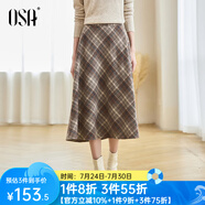 歐莎（OSA）咖色格紋高腰半身裙2025年秋冬季新款女復(fù)古美拉德A字傘裙 杏咖色 S