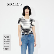 MO&Co.經(jīng)典條紋珠繡logo短袖短款薄款針織衫白黑條上衣女摩安珂 白黑條色-第2批 S 160