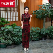 恒源祥氣質(zhì)國(guó)風(fēng)夏季中袖碎花旗袍中老年媽媽收腰顯瘦開(kāi)叉過(guò)膝連衣裙子女 酒紅色 有拉鏈 3XL 建議130-145斤