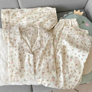 日系蠟筆小新睡衣女款夏季云朵純棉紗卡通短袖三件套裝寬松家居服 云朵棉-花朵萌熊三件套 M 碼【建議75-100斤】