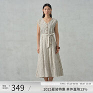 阿依蓮【商場同款】氣質(zhì)條紋連衣裙子女夏季2025新款輕奢V領(lǐng)顯瘦長裙子 奶茶咖 M