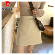 皮爾卡丹皮裙半身裙女春秋2025新款高腰韓版氣質(zhì)名媛PU裙短皮裙a字包臀裙 杏色 S