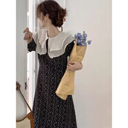 WANGJIANG大碼法式荷葉邊碎花連衣裙女夏季胖mm赫本風(fēng)娃娃領(lǐng)別致雪紡長(zhǎng)裙子 黑色 M 85-100斤