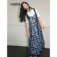闊色（kuose）彩色無袖V領(lǐng)格子背帶連衣裙女裝2025春夏季新款蕾絲花邊裙子 彩色_現(xiàn)貨 S