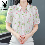 花花公子（PLAYBOY）夏季韓版拼接別致短袖翻領(lǐng)雪紡襯衫洋氣印花氣質(zhì)上衣遮肚百搭顯瘦 玫瑰花粉色 S