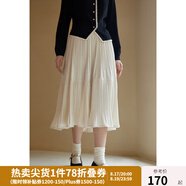 獨束大碼女裝絲絨百褶半身裙女冬裝新款高腰兩段式拼接壓褶A字半裙 杏仁米 L