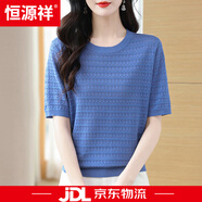 恒源祥夏季桑蠶絲短袖t恤女圓領(lǐng)寬松鏤空減齡半袖針織衫女大碼遮肚子 藍(lán)色 L 體重100-110斤