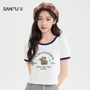三福（SANFU）短袖T恤女2025新款夏季美式印花撞色短款圓領(lǐng)上衣女裝 米白-小熊 S