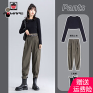 AEMAPE工裝褲女2025春秋冬季新款高腰小個(gè)子褲子垂感束腳休閑褲女 軍綠色_單褲子_腰帶 L