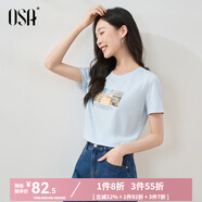歐莎（OSA）白色短款T恤女士夏季新款衣服短袖印花顯瘦正肩上衣體恤修身 淺藍(lán)色 M