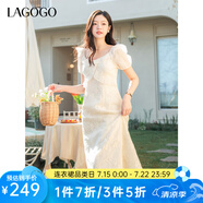 lagogo米色收腰系帶繡花連衣裙女拉谷谷2025年春夏新款氣質(zhì)雪紡裙 米色 S