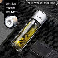蘇泊爾（SUPOR）鋼化玻璃杯防摔打不碎的大號套裝防爆男女隨手保溫出差過濾泡茶 【銀色】一鍵開蓋防爆一件 452ml