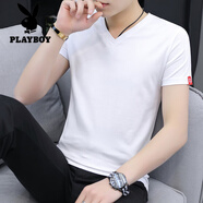 花花公子（PLAYBOY）短袖T恤男V領(lǐng)夏季韓版修身棉白色百搭男士雞心領(lǐng)半袖冰 絲T恤衫男 白色 M (80-100斤)