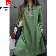 皮爾卡丹（pierre cardin）中式棉麻復古國風連衣裙重工刺繡民族中長款七分袖女春秋寬松裙子 綠色 M 80-105斤