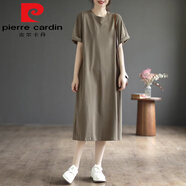 皮爾卡丹（pierre cardin）歐高端女裝時尚氣質通勤中長裙純棉寬松口袋T恤連衣裙 咖色 純色款今年流行的輕奢品牌 M 建議115斤內