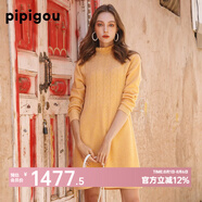 皮皮狗 秋冬新品 荷葉邊領(lǐng)絞花連衣裙復(fù)古菱形長(zhǎng)袖連衣裙 深黃AB M 100