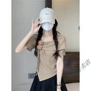 芙倍可一字肩設計感T恤女內搭不規則立體花朵小衫短款打底上衣 卡其色 S 建議78-98斤