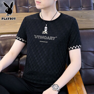 花花公子（PLAYBOY）男士薄款短袖t恤夏季韓版透氣冰絲半袖體恤青年潮流提花圓領上衣 黑色ZY-246 4XL 170-185斤以內