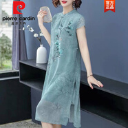 皮爾卡丹（pierre cardin）大版女裝民族風旗袍貴夫人闊太太時尚氣質(zhì)寬松顯瘦加肥加大雪紡連 綠色 L 95-105斤