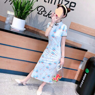 FMYVFY中國風(fēng)少女彈力文藝清新復古改良顯瘦動(dòng)物印花長(cháng)款旗袍連衣裙 透明 火鳥(niǎo)長(cháng)款短袖，微彈 L