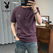 花花公子（PLAYBOY）棉麻短袖T恤男2025夏日常簡(jiǎn)約新標(biāo)青年圓領(lǐng)薄款修身潮體恤 紫色 M 90-115斤