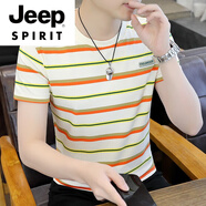 JEEP SPIRIT高檔款2025夏季純棉短袖t恤男士刺繡圓領條紋體恤衫高端夏天上衣 705黃色 M 90-105斤