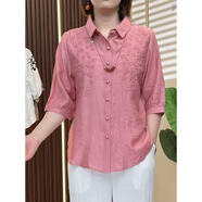 代勒高檔女夏季新款五分袖刺繡襯衫復(fù)古小衫女大碼時(shí)尚襯衣女套裝 粉色上衣 XL 80-110斤