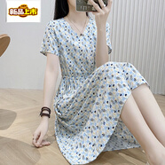 初徑新款夏季高端棉綢連衣裙女氣質(zhì)收腰碎花中長(cháng)外穿綿綢大擺裙子 F-藍色幸運草 L 建議100-115斤