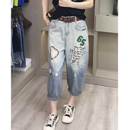 簡方位高端夏季薄款刺繡哈倫牛仔褲女寬松百搭漸變色九分垮褲顯瘦 淺灰色 （實物漸變藍色） 均碼 M 建議90-105斤
