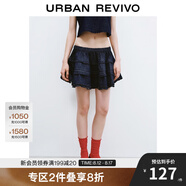 UR2025夏季新款女復古休閑花邊松緊腰短款牛仔半裙UYU850086 藍色 (偏寬松) M (M-L)