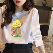 菲妮茉淑重磅純棉打底衫長袖t恤女2024秋季美式長袖百搭內(nèi)搭白色 長袖背包黃帽熊 M （70-100斤）