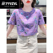 FYVZVL正肩棉t恤夏季女裝2025寬松白色半袖體恤上衣夏裝ins潮 228紫色 S 建議80-95斤